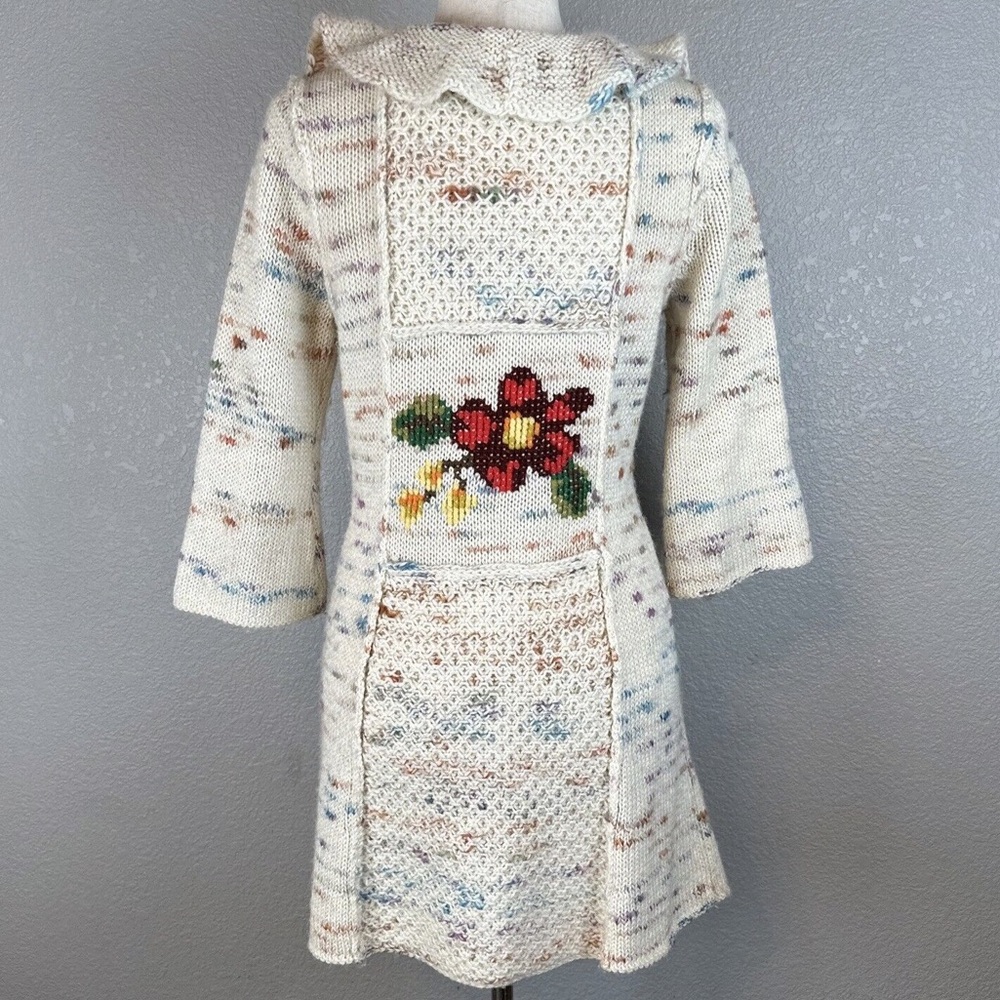 Anthropologie Sleeping on Snow Cream Floral Knit Ruffle Sweater Cardigan
